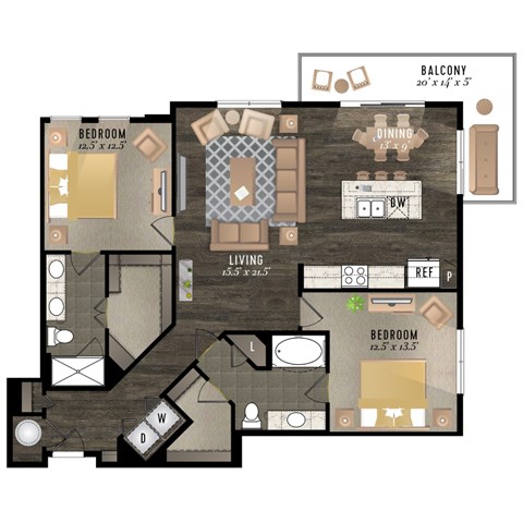 A floor plan of a house with two bedrooms, a living room, a dining room, a balcony, a laundry room, and a garage.